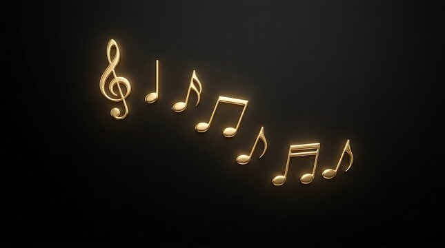 Individual golden musical notes, including a G-clef, are arranged in a gentle curve against a stark, dark background, highlighting their symbolic importance in musical notation.