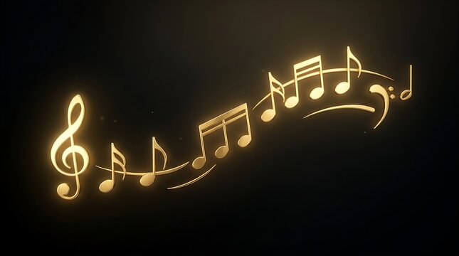 Illuminated golden musical notes and treble clefs create a flowing, ethereal pattern against a dark gradient background.
