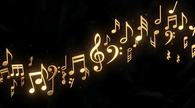 A stylized sequence of golden musical notes and treble clefs curves gracefully across a dark, gradient background.