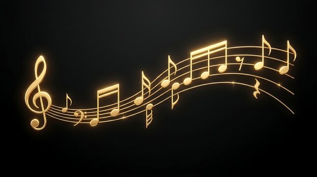 A horizontal arrangement of glistening golden musical notes and a treble clef floats gracefully on a solid black background, suggesting a melodic sequence.