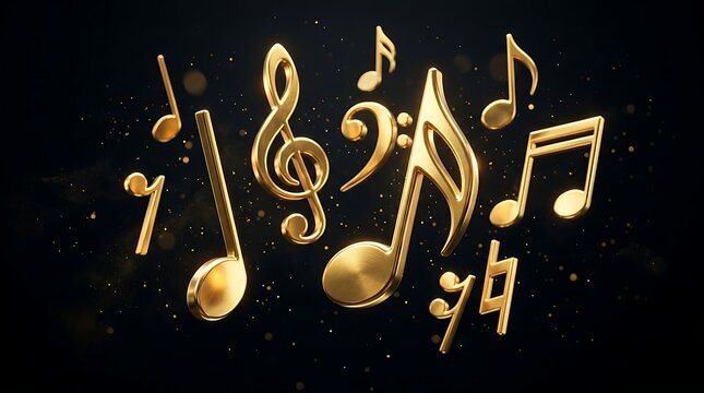 Various golden musical notes and symbols, including clefs and eighth notes, are artfully arranged against a dark, sparkling background, suggesting a rich musical theme.