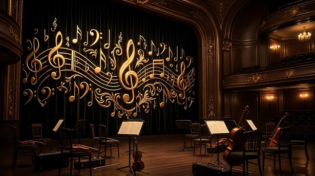 An opulent opera house stage is set with musical instruments and stands, featuring a large backdrop adorned with golden musical notes and staves, ready for a grand orchestral performance.