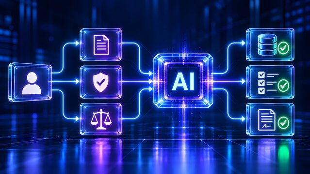 "Artificial intelligence governance framework showing ethical compliance data security identity verification and automated processing system on glowing circuit background"