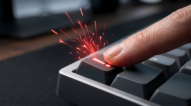 Finger pressing keyboard key with glowing exclamation mark and sparks