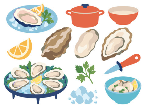 牡蠣 かき 生牡蠣 貝 オイスターナイフ レモン グラフィック イラスト素材