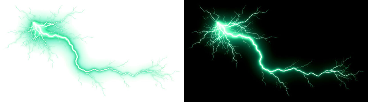 Lightning bolt glowing green electric fork strike with sparks for design projects in PNG, Transparent and Black Background Versions