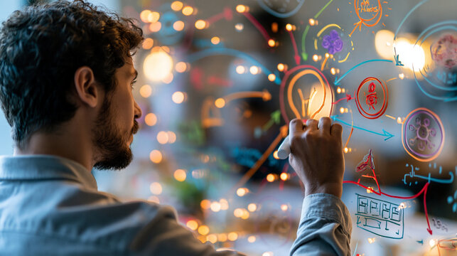 Entrepreneur building a mind map of product ideas on a large whiteboard, colorful connecting lines and icons, innovation process, creative planning, with copy space