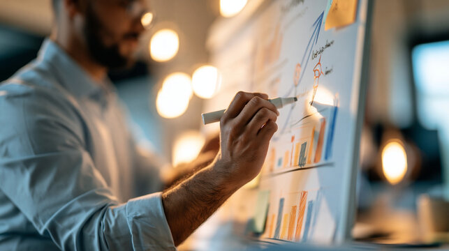 Entrepreneur drawing a growth roadmap timeline on a whiteboard, colorful charts and milestone markers, creative planning, business strategy, with copy space