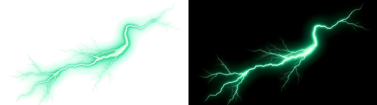 Lightning bolt glowing green electric diagonal strike with sparks for design projects in PNG, Transparent and Black Background Versions