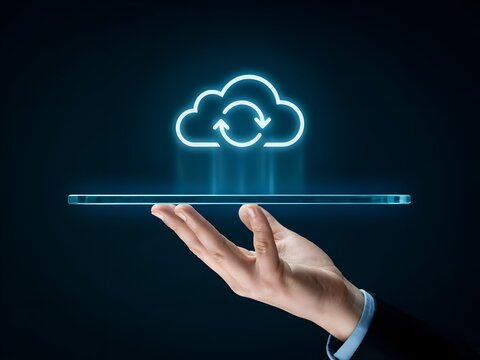 Cloud Computing Technology Concept with Businessman Holding Glowing Cloud Data Sync Icon over Digital Tablet