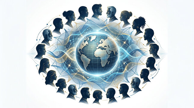 Global community network illustration featuring diverse human silhouettes surrounding planet earth for international cooperation and unity