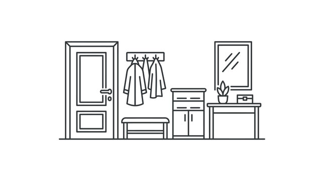 Minimalist line art illustration of a modern home entryway interior with furniture and accessories.