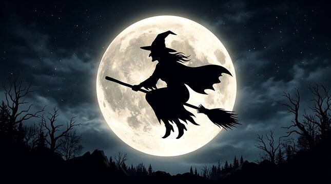 Silhouette of a witch flying on a broomstick against a large full moon in a dark night sky