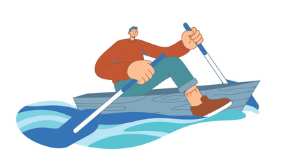 A flat vector illustration of a man rowing a small wooden boat on blue water. © Dikzma