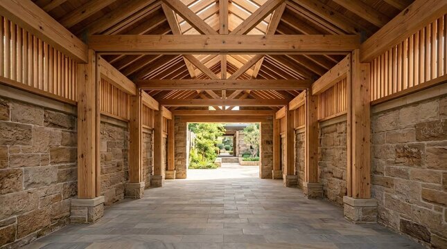 Symmetrical timber pedestrian passage featuring exposed wooden roof trusses, heavy stone masonry walls, and paved flooring leading to a courtyard