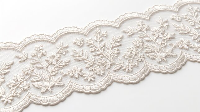 Elegant white lace border trim on a soft fabric background
