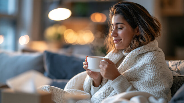 Young woman wrapped in blanket on couch sipping hot tea holding tissue box nearby flu symptoms cozy living room soft window light medium portrait