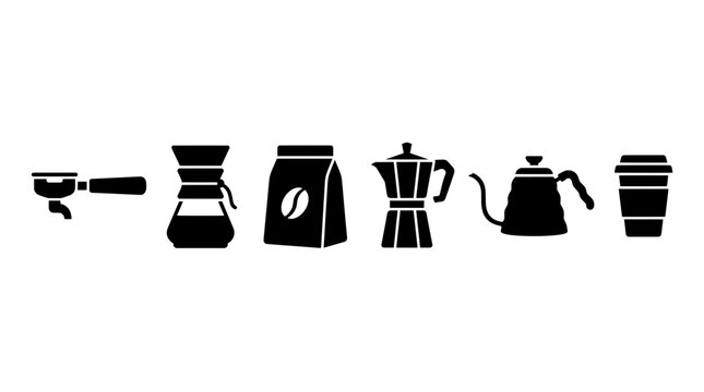Specialty Coffee Brewing Tools Vector Icons Set Featuring Portafilter Chemex Moka Pot Bean Bag Gooseneck Kettle and Takeaway Cup.