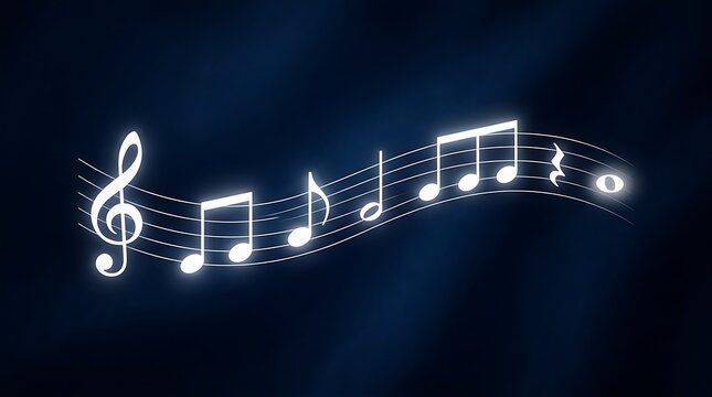 Musical notes and treble clef form an abstract composition against a dark gradient background.