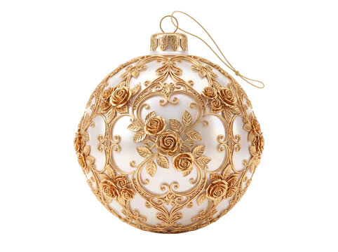 Glass christmas ball ornament featuring elaborate gold relief floral scrollwork and rose motifs as clean cutout