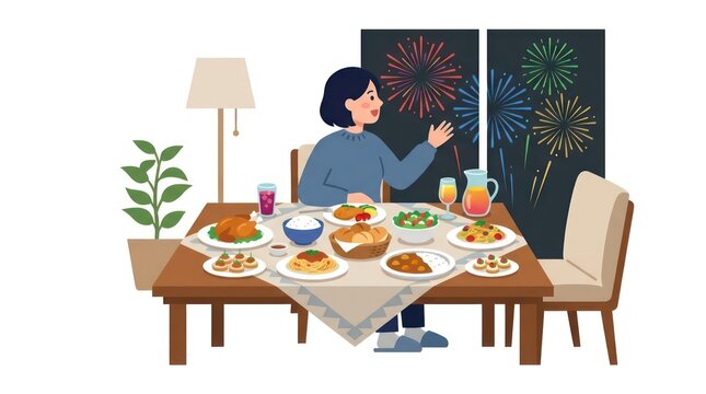 Woman enjoying a festive dinner while watching fireworks through a window