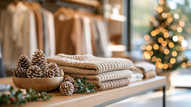 Bright clean boutique display with clothing and frosted pinecones and holly sprigs along shelf edge soft natural light neatly arranged garments on rack festive Christmas retail con