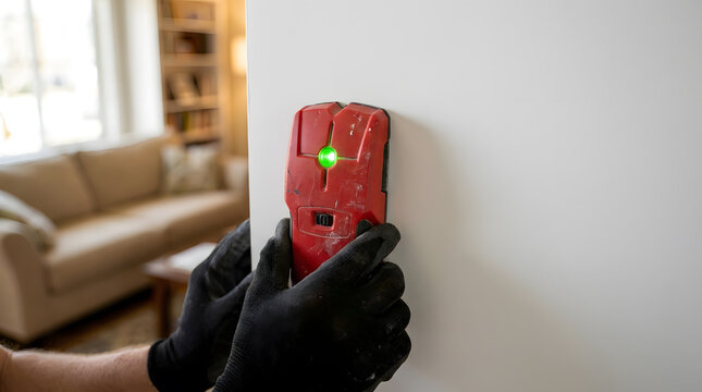 Gloved Hands Using Digital Stud Finder On White Wall | Technician Scanning Wall With Electronic Wall Detector | Close Up Hands Holding Wall Stud Scanner Tool