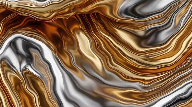 Abstract flowing liquid metal golden and silver waves motion background seamless loop.