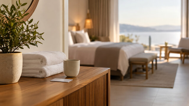Clean hotel bedroom with a view of the sea and neatly folded towels on a wooden console hotel room luxury travel