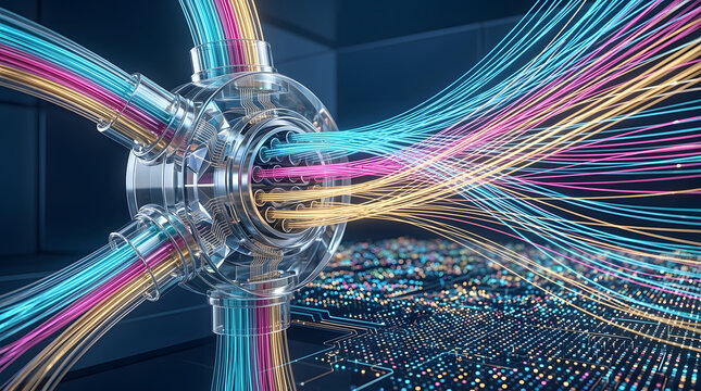 Futuristic high-speed fiber optic data transfer concept showing glowing colorful light cables connecting to a central glass hub over a digital circuit background for network technology.