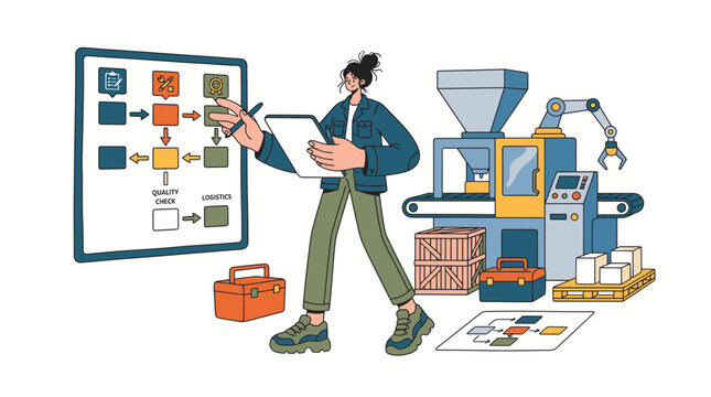 A female engineer managing a manufacturing production line with a digital workflow chart and robotic equipment.