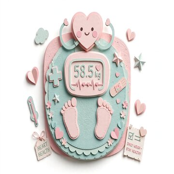 Cute 3D paper craft body weighing scale 58.5kg pastel kawaii health illustration
