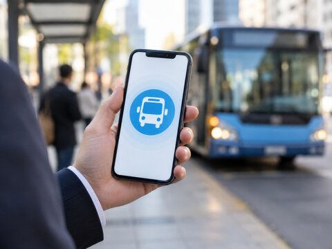 A person in a suit holds a smartphone displaying a bus icon at a city transit stop near a large bus.