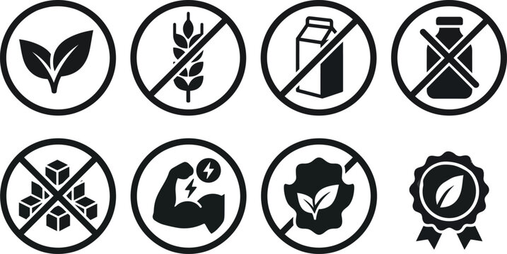 Dietary food allergy icons set, black gluten free and vegan product labels, 8 organic nutrition symbols for packaging and menu design