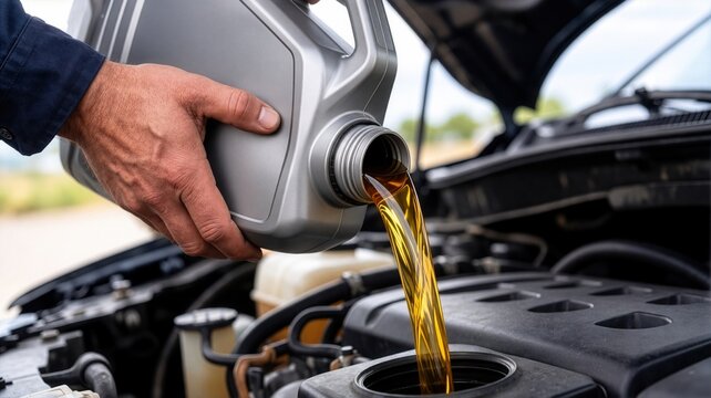 A close-up view of a mechanic pouring fresh golden motor oil into a vehicle engine during service.