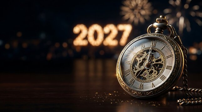 A beautifully detailed elegant pocket watch displays intricate visible gears with a glowing 2027 in the soft focus background
