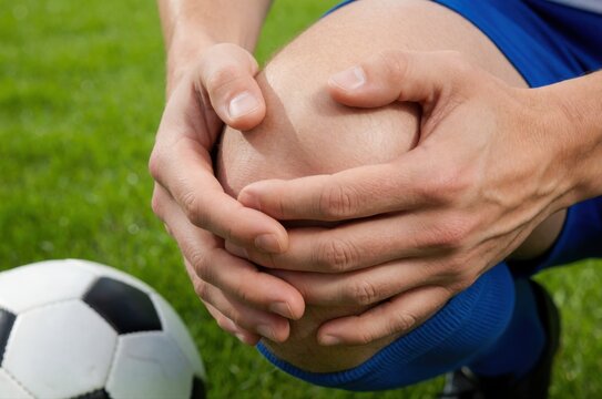 A close-up view of a person holding their injured knee while sitting on a green grass field.