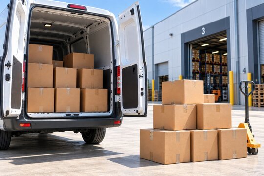 A white delivery van is parked at a warehouse loading dock with boxes being loaded and unloaded.