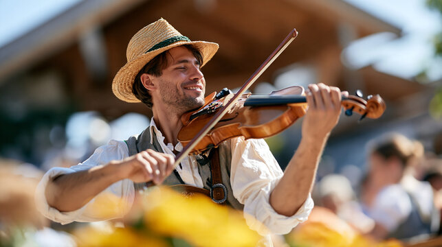 Rear view of a violin player at an oktoberfest beer festival celebration face turned away from camera bright clean festival backdrop festive folk music concept bright