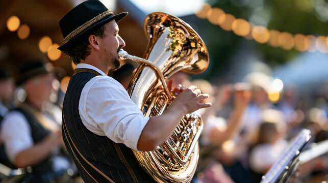 Rear view of a tuba player at an oktoberfest beer festival celebration face turned away from camera bright clean festival backdrop festive folk music concept bright