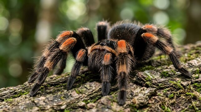 Macro shot of a hairy orange and black tarantula spider on a mossy tree branch