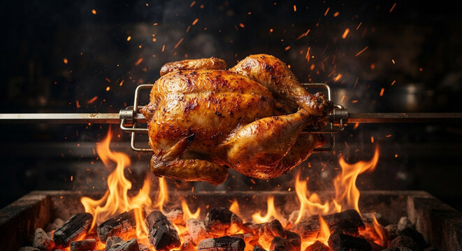 Cinematic Commercial Food Photography of Whole Roasted Chicken on Spit