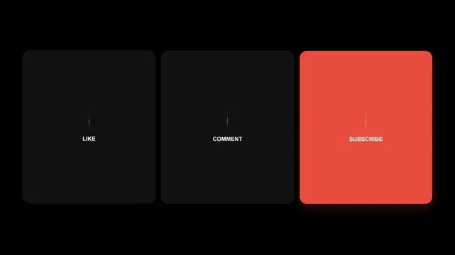 3D vertical cards animation with red subscribe button like and comment CTA on dark background