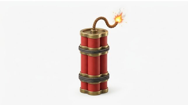 Red dynamite sticks with a lit fuse burning on white background