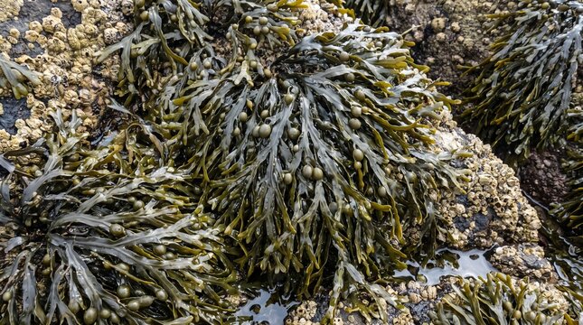 Fucus vesiculosus seaweed growing densely across coastal rocks exposed during low tide, detailed fronds, wet textures, natural marine environment