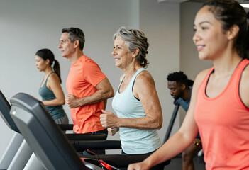Fototapeta premium Healthy aging and fitness, diverse group of people running on treadmills in a gym for cardiovascular exercise and active lifestyle in a modern facility