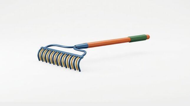 Colorful garden rake tool isolated on a plain white background
