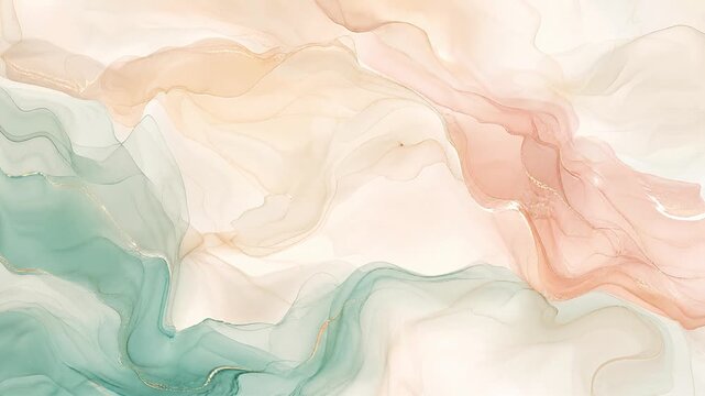 Abstract liquid fluid motion background featuring flowing soft pastel green and peach colors.