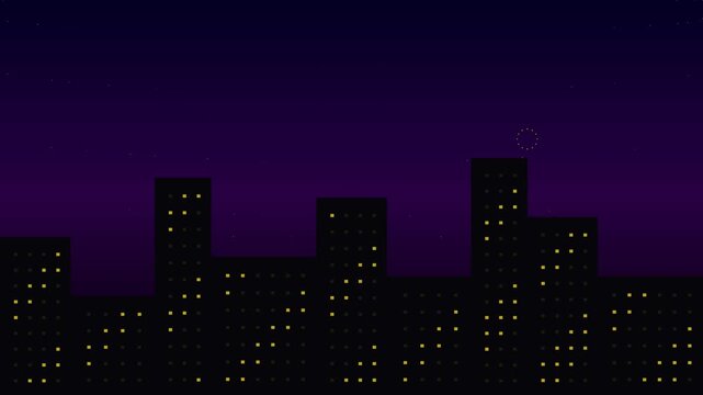 Pixel art city skyline at night with glowing windows
