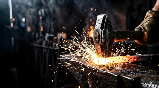 Blacksmith hitting hot metal with a heavy hammer in a dark workshop